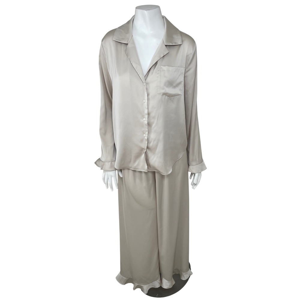 Birdy Grey 2pc Satin Pajama Set Champagne Beige Ruffle Hem Shirt Pants S